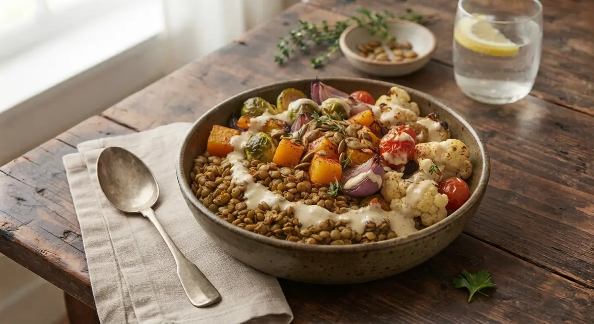 Lentil & Roasted Vegetable Bowl with Lemon-Tahini Dressing